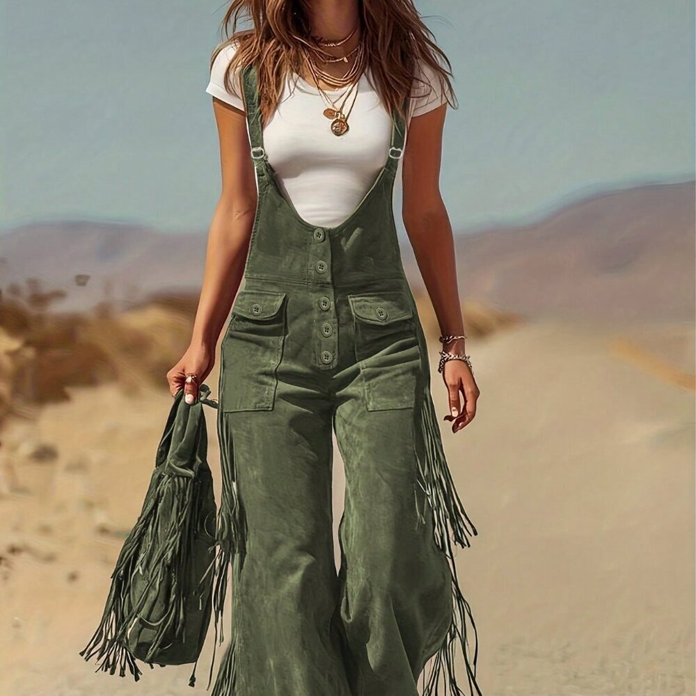 Green Elegant Women's Wide Leg Pants Comfortable Tassel Button Back Pants Casual